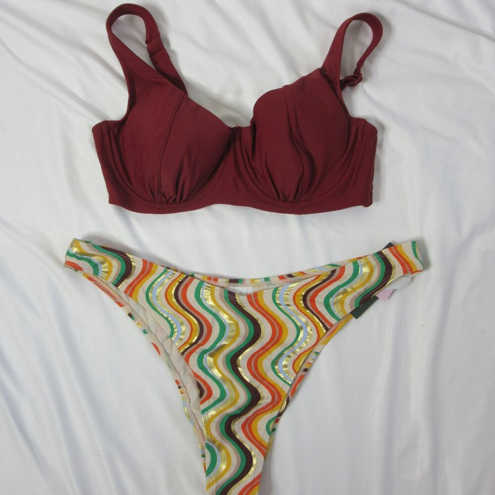 Kona Sol & wild fable 2 Piece Bikini Burnt Orange Green Groovy Size XL D/DD NWT